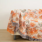 Bohemian cotton throw blanket with tassel fringe and floral jacquard pattern, cream white, 200x230cm
