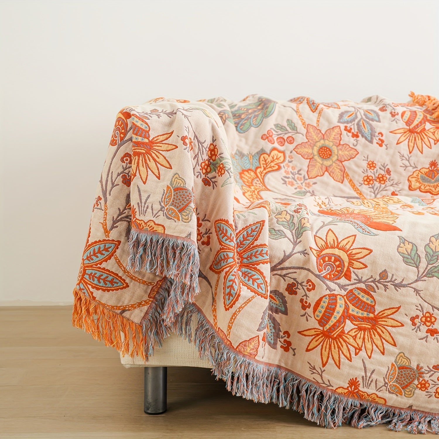Bohemian cotton throw blanket with tassel fringe and floral jacquard pattern, cream white, 200x230cm