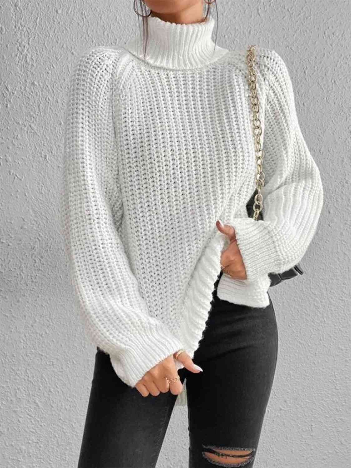 Women ribbed knit turtleneck sweater with side slit hem, autumn winter