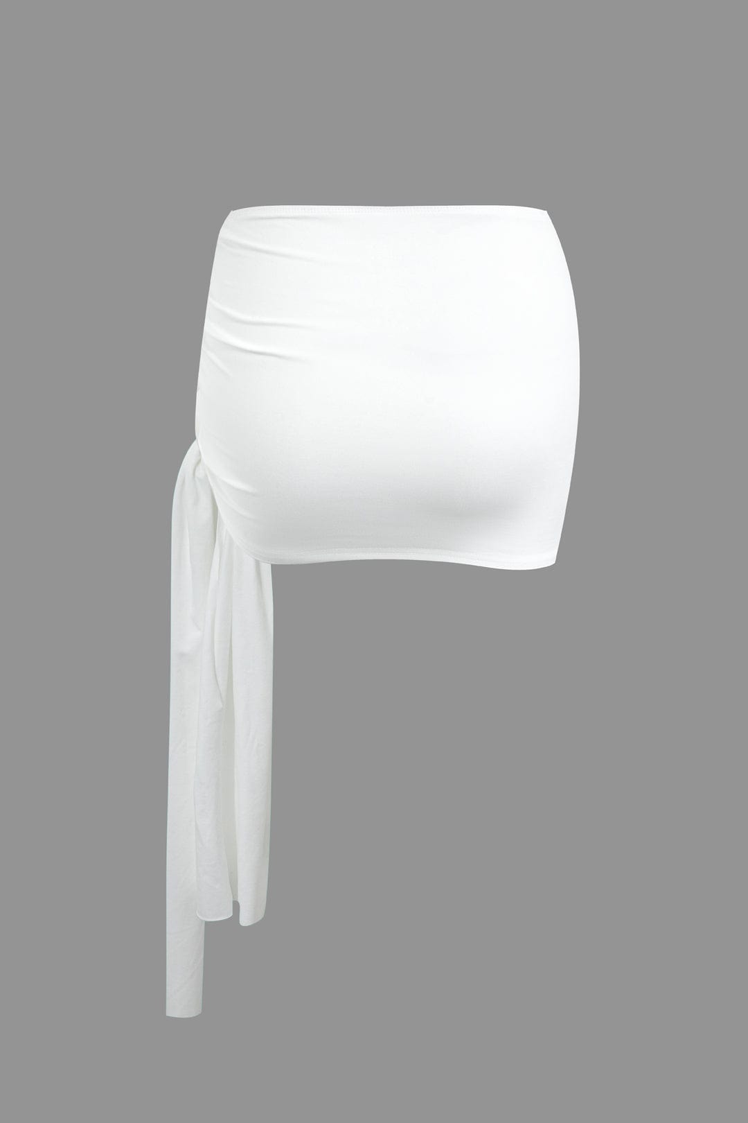 Women's two-piece set with one-shoulder top and draped mini skirt, asymmetric knot detail