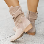 Women faux suede knee high boots slouchy block heel side zip