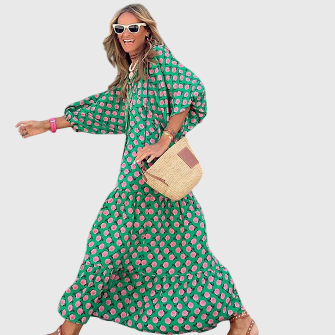 Women boho maxi dress flowing silhouette long sleeve bohemian style
