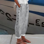 Women striped casual pants with side button detail relaxed fit