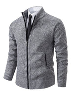 Men ribbed knit full-zip cardigan with stand collar in khaki