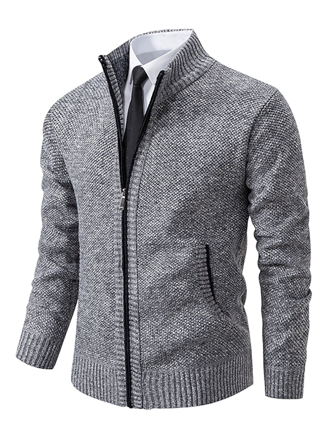Men ribbed knit full-zip cardigan with stand collar in khaki