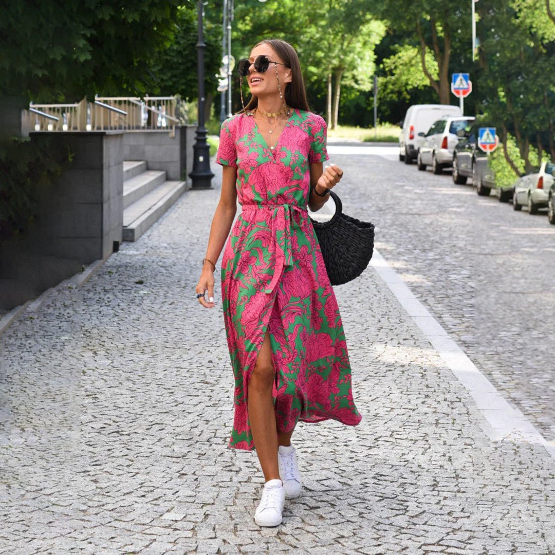 Floral V - Neck Midi Zomerjurk Dames van Rayon met Verstelbare Taille en Korte Mouwen - ZovaFashion - Midi Jurk