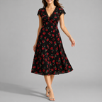Floral midi dress black A-line V-neck with lace trim short sleeves
