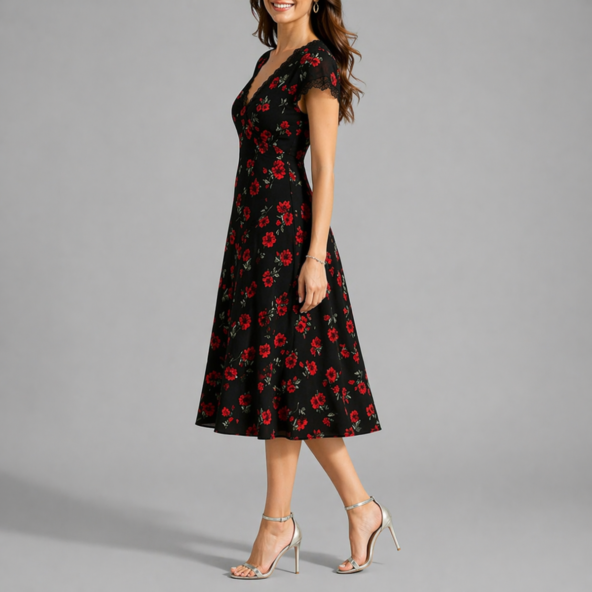 Floral midi dress black A-line V-neck with lace trim short sleeves