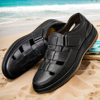 Men's leather sandals slip-on open toe in black and brown