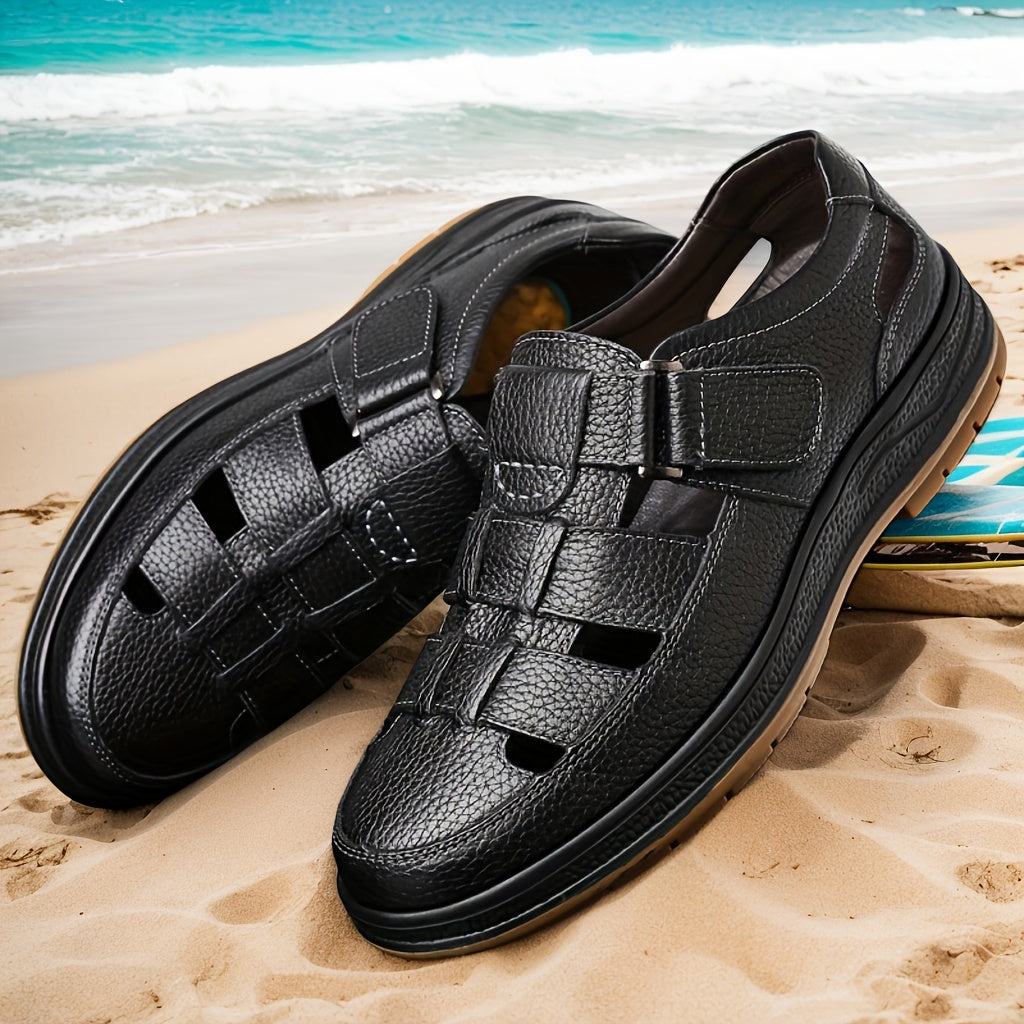 Men's leather sandals slip-on open toe in black and brown