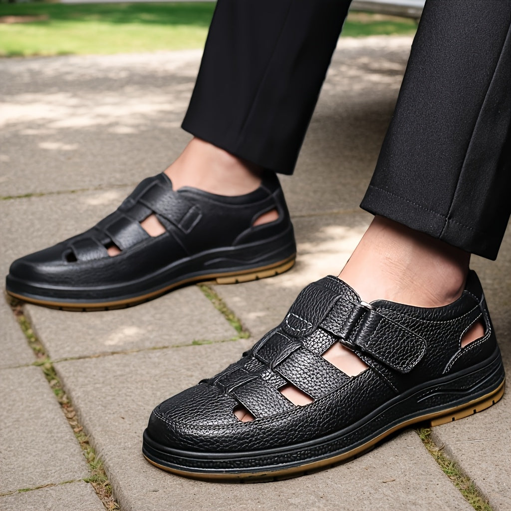 Men's leather sandals slip-on open toe in black and brown