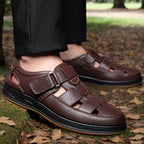 Men's leather sandals slip-on open toe in black and brown