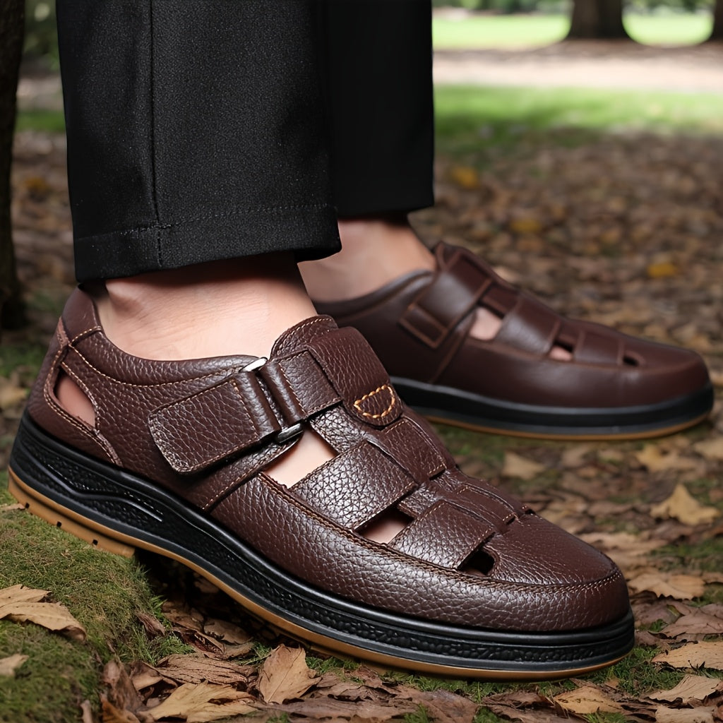 Men's leather sandals slip-on open toe in black and brown