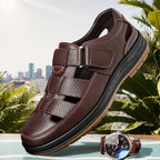 Men's leather sandals slip-on open toe in black and brown