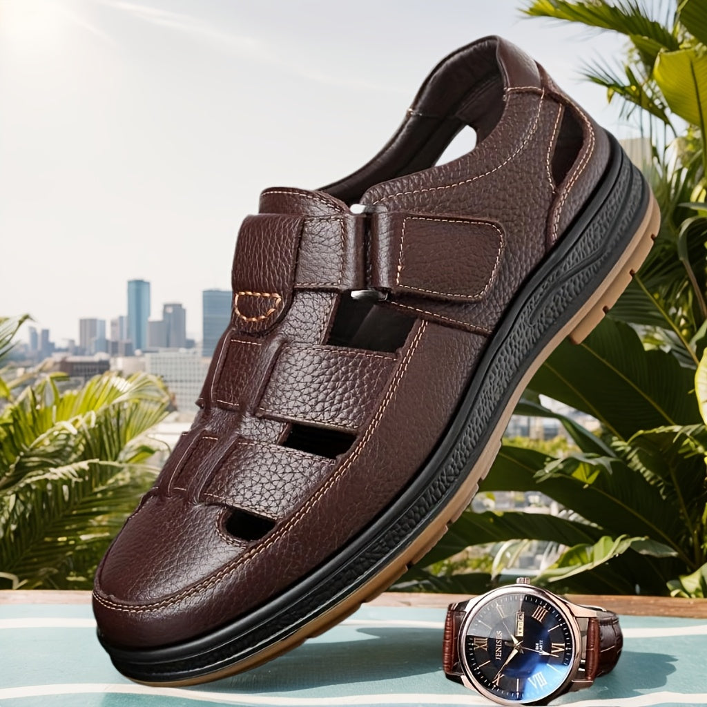 Men's leather sandals slip-on open toe in black and brown