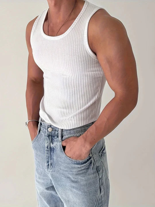 Men's ribbed tank top slim fit, breathable sleeveless gym top for summer training
