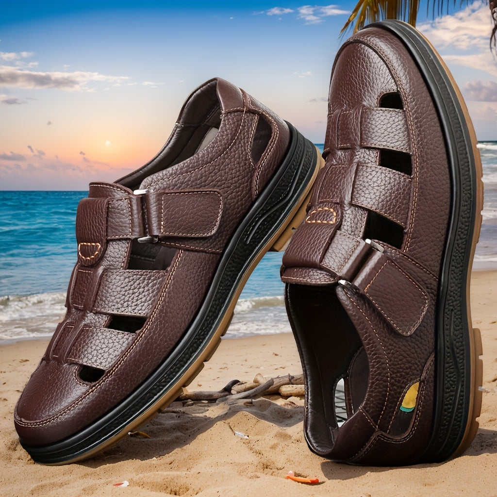 Men's leather sandals slip-on open toe in black and brown