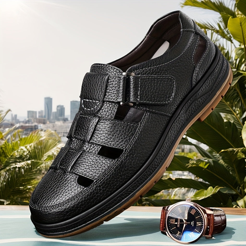 Men's leather sandals slip-on open toe in black and brown