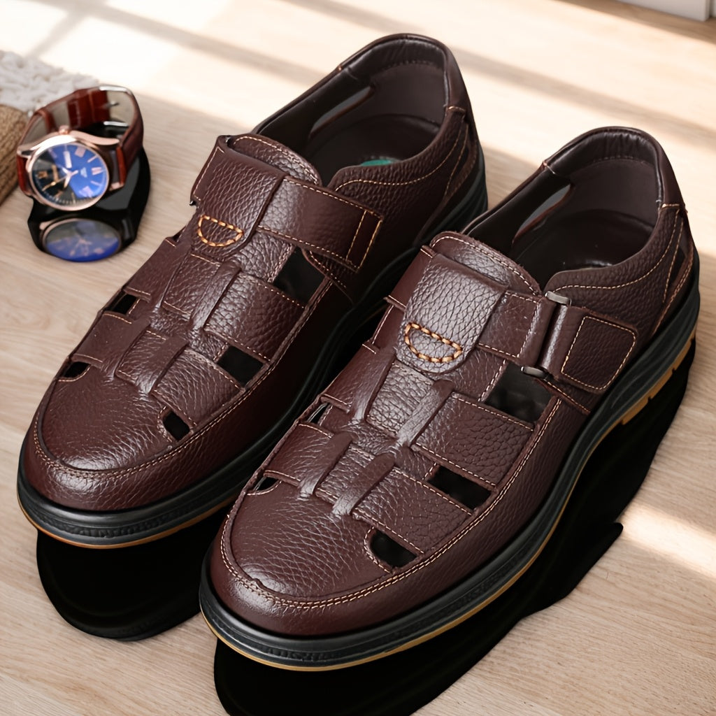 Men's leather sandals slip-on open toe in black and brown