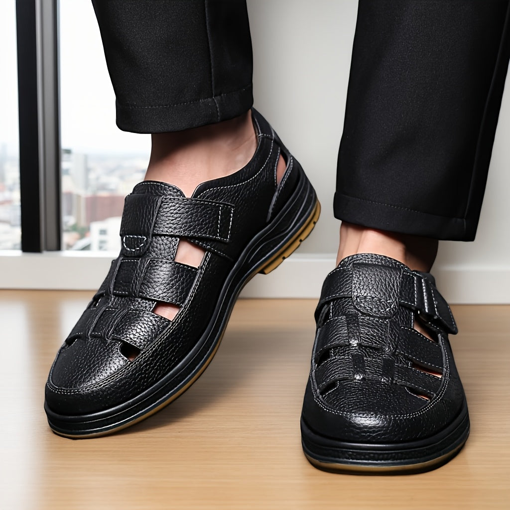 Men's leather sandals slip-on open toe in black and brown