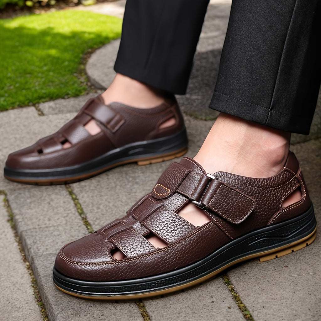 Men's leather sandals slip-on open toe in black and brown