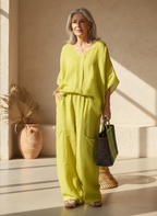 Women 2 piece wide leg pants set loose fit in lime green black and khaki
