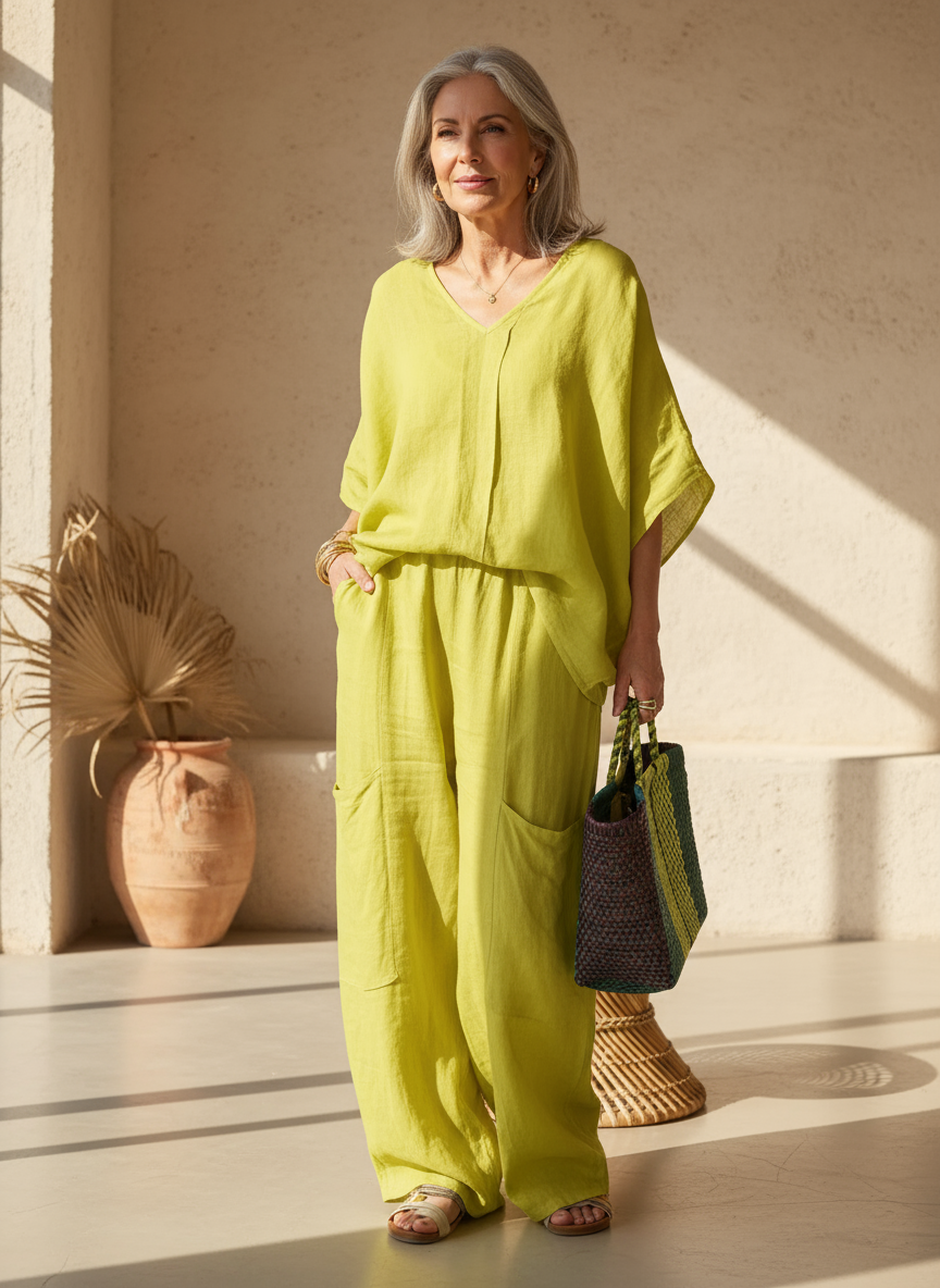 Women 2 piece wide leg pants set loose fit in lime green black and khaki