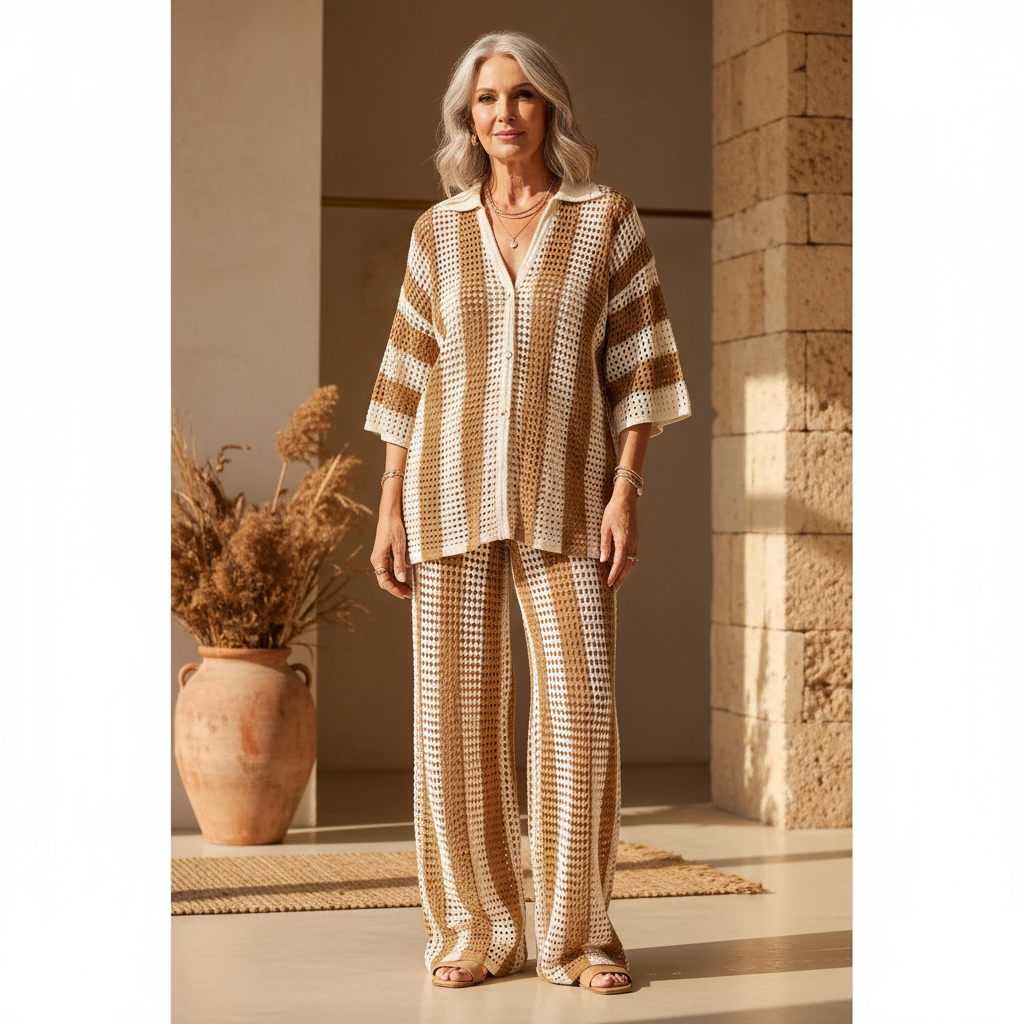 Women 2 piece crochet lounge set bohemian striped top and pants