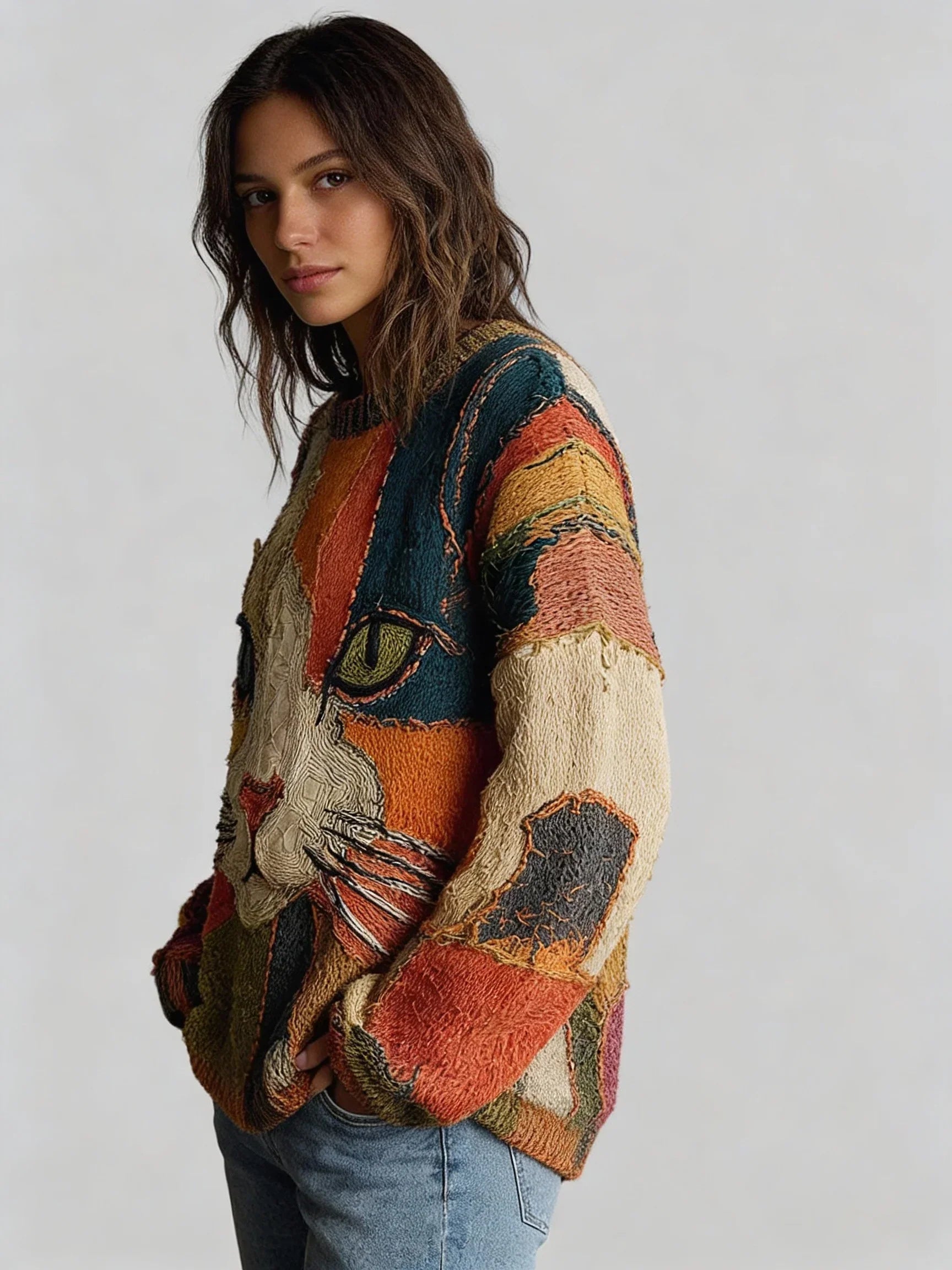 Women casual sweater art print long sleeve relaxed fit multicolor