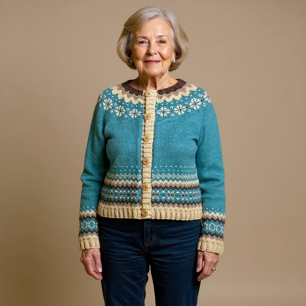 Women knit vintage Icelandic cardigan with Nordic pattern, relaxed fit