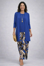 Women's 3-piece set with open-front cardigan, round-neck top and printed trousers, relaxed fit