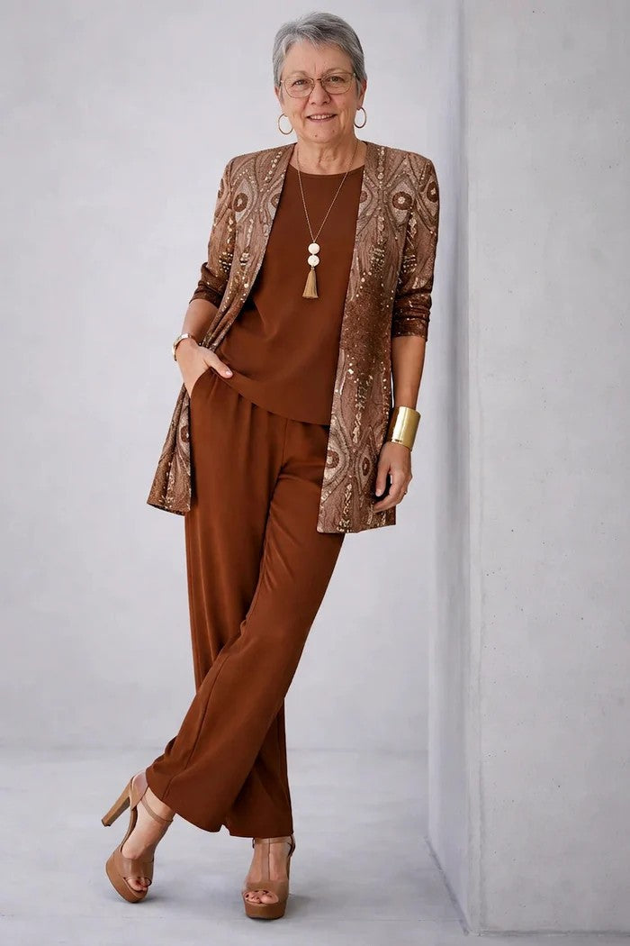 Women's 3-piece set with cardigan, top and printed trousers, relaxed fit spring summer outfit