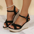 Women's orthopedic wedge sandals with criss-cross ankle strap and buckle closure, open toe
