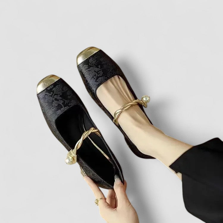 Women's ballet flats square toe pearl ankle strap embroidered gold detail