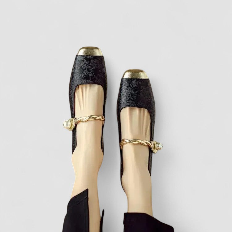 Women's ballet flats square toe pearl ankle strap embroidered gold detail