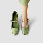 Women's ballet flats square toe pearl ankle strap embroidered gold detail