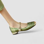 Women's ballet flats square toe pearl ankle strap embroidered gold detail