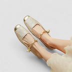 Women's ballet flats square toe pearl ankle strap embroidered gold detail