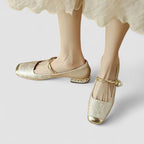 Women's ballet flats square toe pearl ankle strap embroidered gold detail