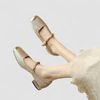 Women's ballet flats square toe pearl ankle strap embroidered gold detail