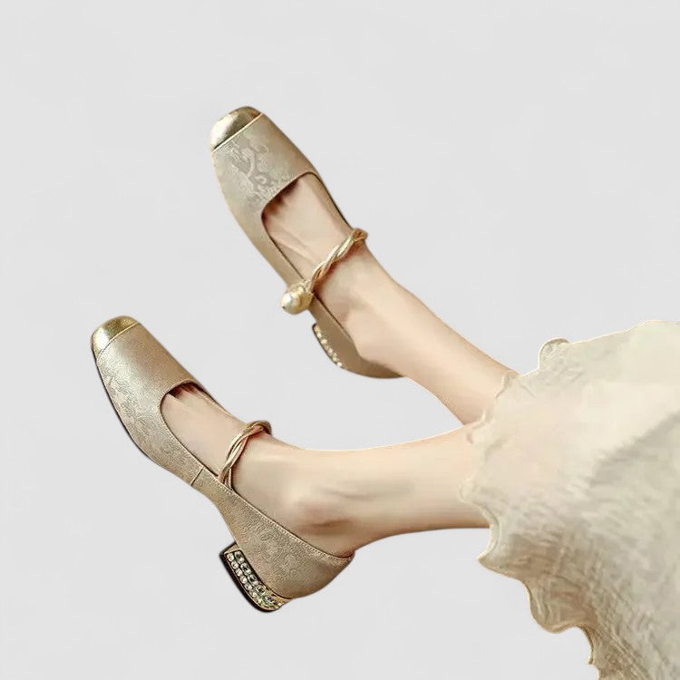 Women's ballet flats square toe pearl ankle strap embroidered gold detail