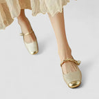 Women's ballet flats square toe pearl ankle strap embroidered gold detail