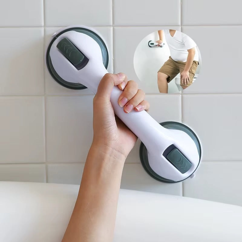 Bathroom safety grab bar with suction cups mounted on tile wall for senior support