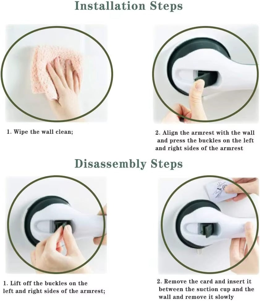 Bathroom safety grab bar with suction cups mounted on tile wall for senior support