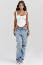 Women white lace-up corset top with delicate lace straps and ruched bust