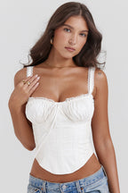 Women white lace-up corset top with delicate lace straps and ruched bust