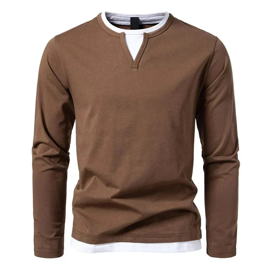 Men's Henley sweater long sleeve split neck solid colour casual top