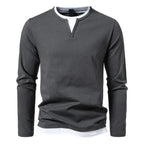 Men's Henley sweater long sleeve split neck solid colour casual top