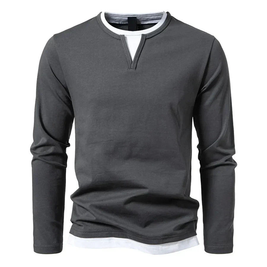 Men's Henley sweater long sleeve split neck solid colour casual top