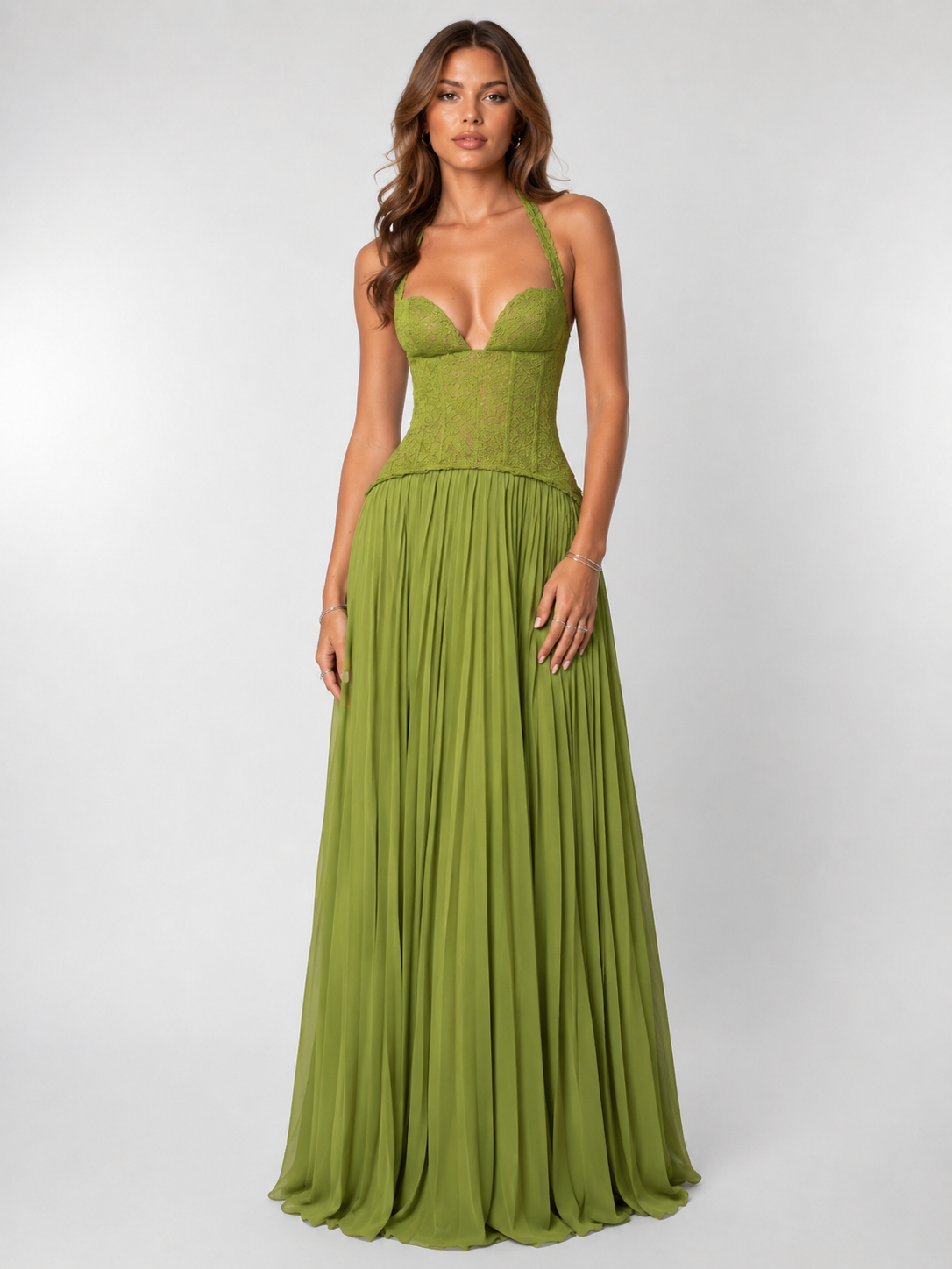 Women's corset bodice maxi dress, full length formal gown in green and burgundy